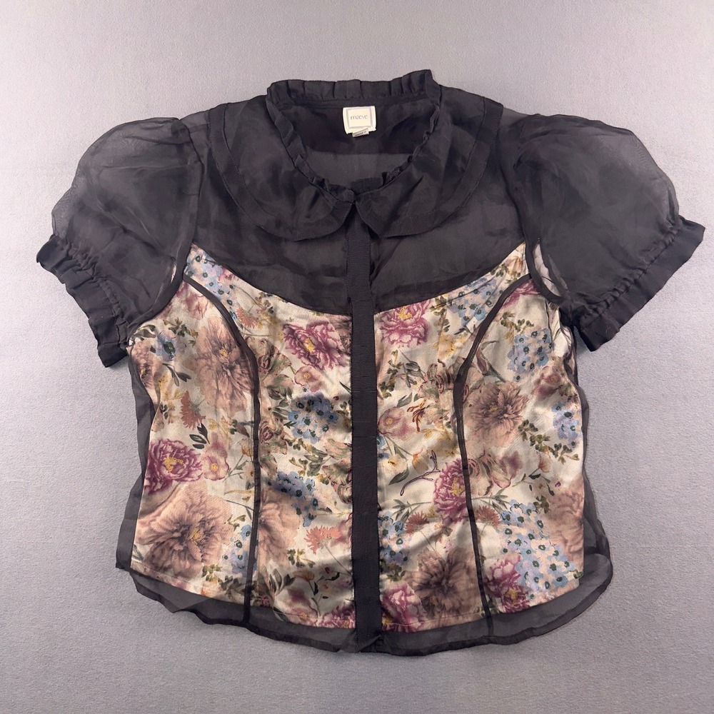 Maeve Anthropologie Organza Puff Sleeve Floral Blouse Black Multi Size L